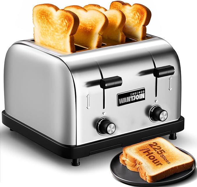 WantJoin Commercial 4-Slice Toaster 1800W 225 Slices/Hour with 1.57 Inch Wide Slots 6-Level Setting &amp Removable Crumb Tray Stainless Steel for Restaurant Breakfast (Bread Bagels)