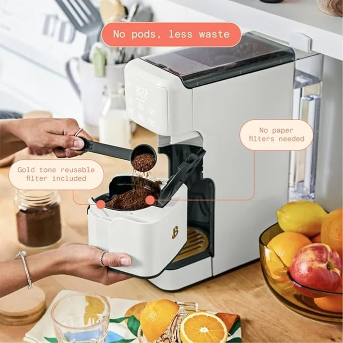 B - Perfect Grind Programmable Single-Serve Coffee Maker with Built-In Grinder Fresh Ground Brewing Touch Controls Reusable Filter Compact Countertop Design