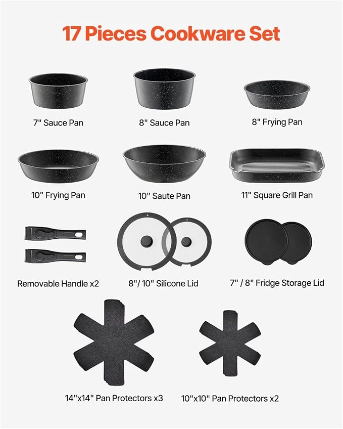 17 Piece Pots and Pans Set Nonstick Granite Cookware Induction Compatible Kitchen Cookware Set with Detachable Handles Black