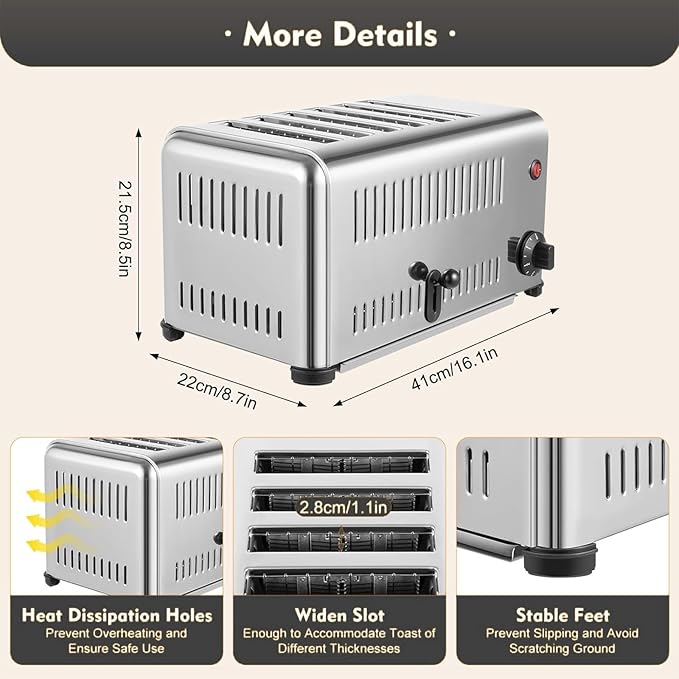 6 Slice Toaster Stainless Steel Upgrades Commercial Toaster with Wide Slots &amp Removable Crumb Tray - Toast Meatloaf Sandwiches Bagel