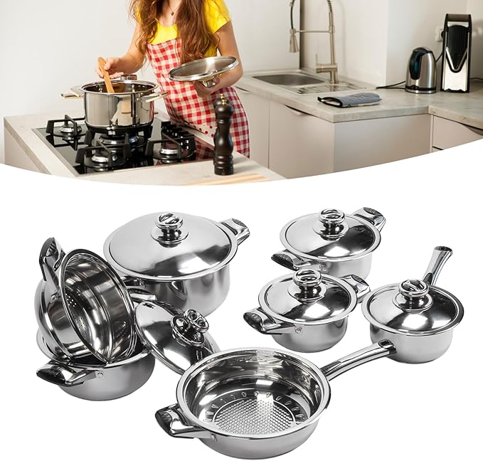 Stainless Steel Cookware Set Uniform Heat Conduction Pots and Pans Stylish Kitchen Cooking Set sturdy Material Comprehensive Cooking Kit with Steam Grid Lids for Household U