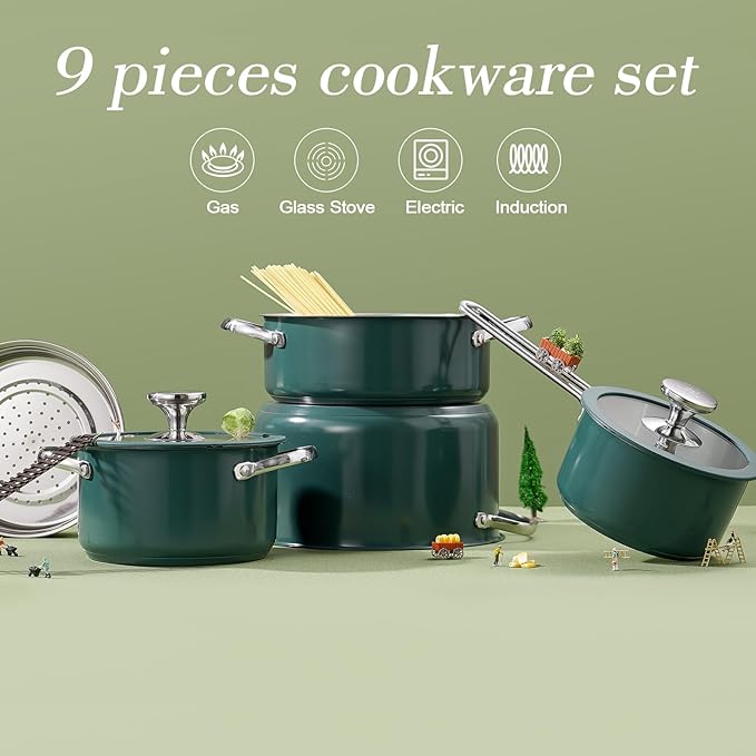 9pcs 304 Stainless Steel Cookware Set with Ceramic Coating – Nonstick Durable and Elegant Kitchen Pots with Glass Lids – Compatible with All Stovetops Easy to CleanGreen