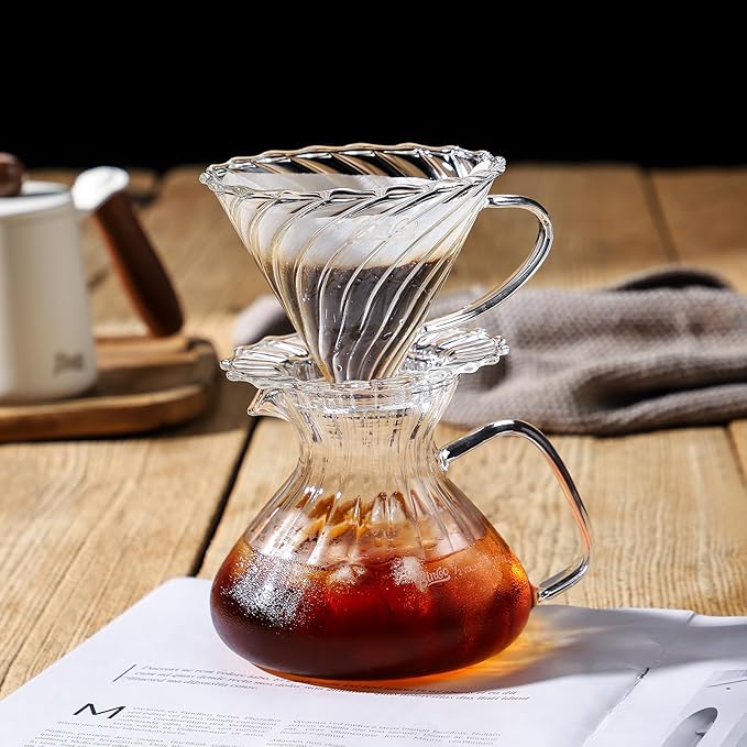 Bincoo Pour Over Coffee Maker Set650ML Borosilicate Glass Carafe with Coffee Driper&amp50pcs Paper FilterGlass Coffee Maker for Home Café Restaurant(Transparent)