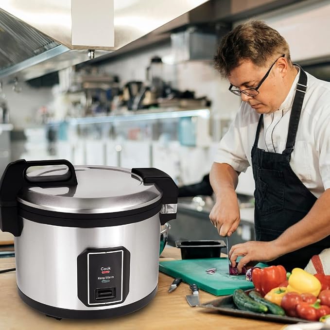 Commercial Stainless Steel Rice Cooker - Professional 64 Cup Cooked (32 Cup Uncooked) Rice Maker Cooker With Non Stick Pot &amp Hinged Lid - Includes a Rice Measuring Cup &amp Rice Scoop