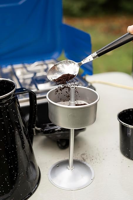 Stansport Enamel 8-Cup Percolator Coffee Pot and 4-Mug Set - Heavy-Duty Campfire Coffee Maker with 12oz Mugs - Percolator Stem Included - Double Baked Enamelware for Camping Hiking RV &amp Cabin