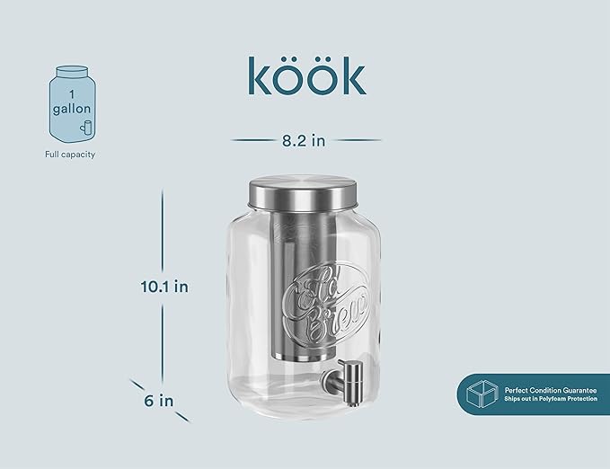 Kook 1 Gallon Mason Jar Drink Dispenser Thick Glass Carafe Stainless Steel Spigot and Mesh Filter Premium Iced Coffee Maker Cold Brew Pitcher &amp Tea Infuser