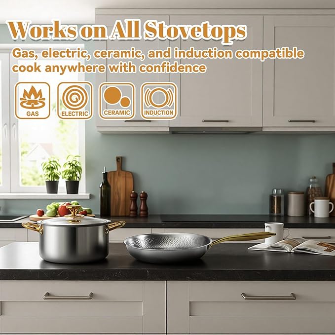 LemonRoad 2 Pieces Titanium Cookware Set 11'' and 9.45'' Pots and Pans with Lids Triply Titanium No Coat Technology Safe for Oven Induction and Cook Tops Dishwasher Safe (Pan and Soup Pot)