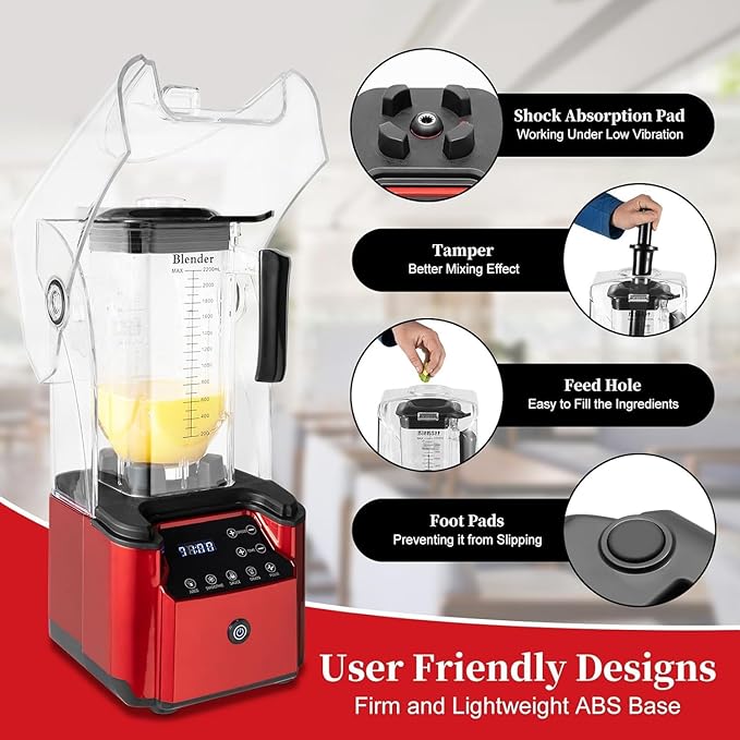 Smoothie BlenderCommercial Quiet Blender 2200 Watt Professional Countertop Blenderwith BPA-Free 80oz Pitcher Built-in Pulse &amp15-speeds Controlfor Puree Crush Ice Smoothies(Red)
