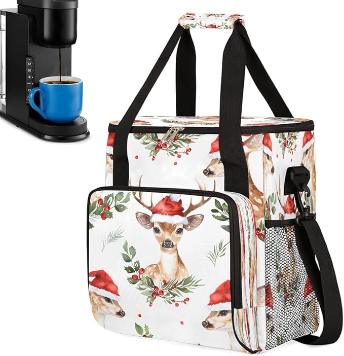 Christmas (716) Coffee Maker Carring Bag Travel Carrying Storage Tote Bag Compatible with Keurig K-Mini or K-Mini Plus Portable Single Serve Coffee Brewer Case with Pockets for K-cup Pods