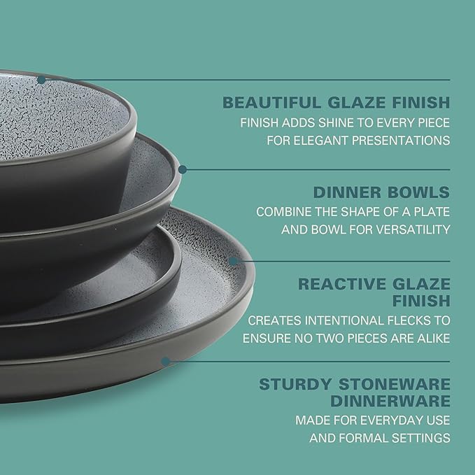 Gibson Elite Tribeca Loft 16-Piece Dinnerware Set – Matte Black and Blue Reactive Glaze Stoneware Double Bowl Round Plates and Bowls – Modern Rustic Dinnerware for 4 Dishwasher &amp Microwave Safe