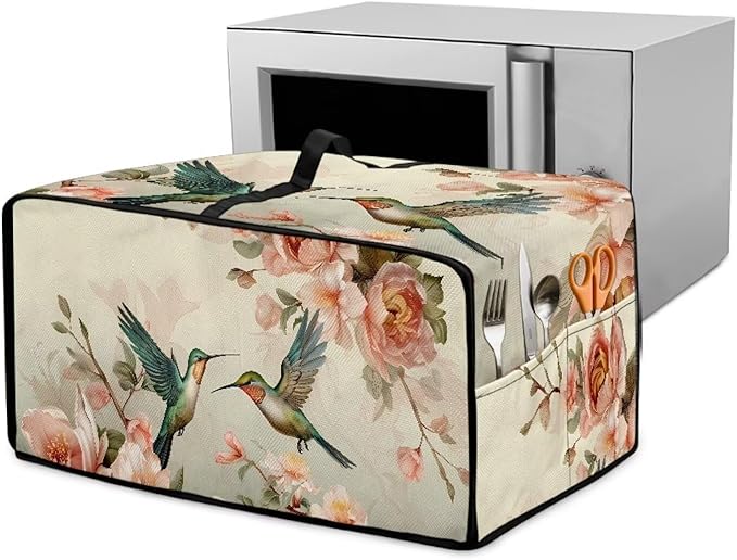Toaster Oven Cover Heavy Duty Heat-resistant Protective Case Faux Linen Polyester Protector with Handle &amp Pockets for Home Kitchens Hummingbird Cherry Blossom