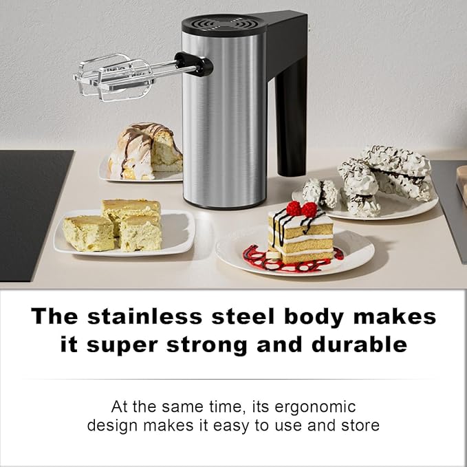 Stainless Steel Hand Blender Professional 7 Speed Mixer Electric Pastry Mixer with 2 Rods and 2 Hooks for Mixing Cookies Beating Food Eggs Cakes