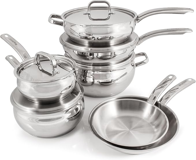 BergHOFF Belly Shape 18/10 Stainless Steel 12Pc Cookware Set Metal Lids Fast Evenly Heat Induction Cooktop Ready