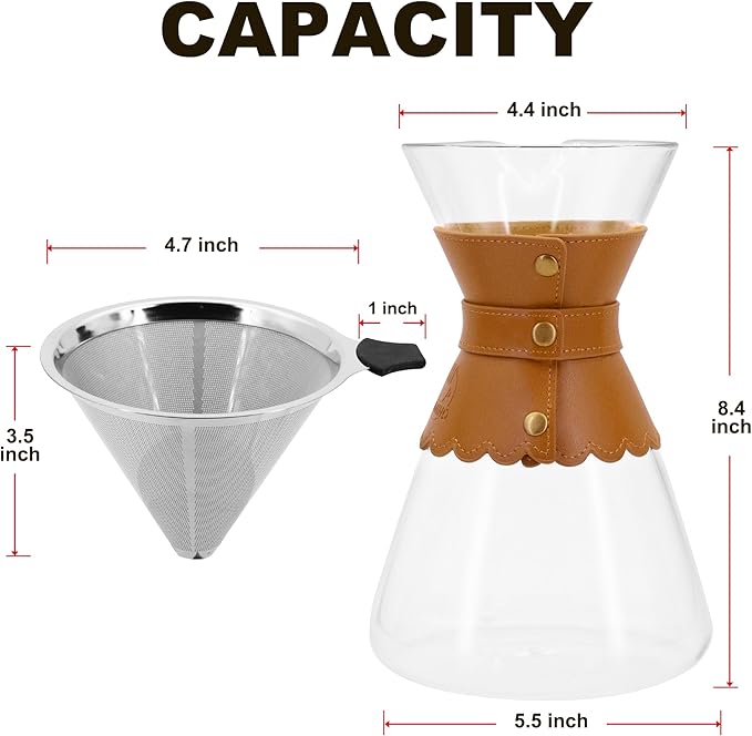 34oz Pour Over Coffee Maker with Double Layer Stainless Steel Filter Borosilicate Glass Dripper Detachable Heat-Resistant Leather Pad 7-8 Cups Coffee Maker Carafe（Light brown）