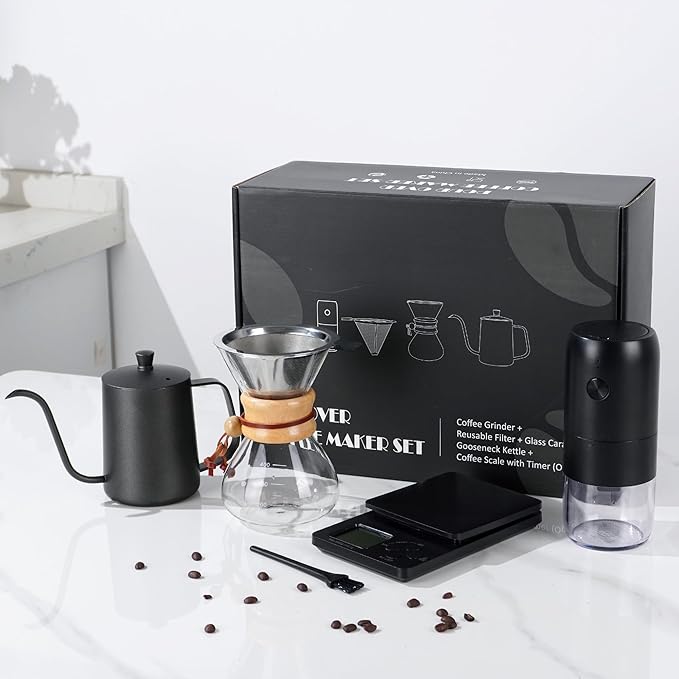 SuperCook Pour Over Coffee Dripper Set Hand Drip Coffee Maker Set All in One Pour Over Kit with Electric Grinder Coffee Dripper Set Ideal for Anniversary Birthday Gift