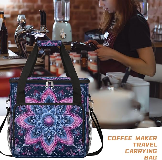 Bohemian Mandala 9 Coffee Maker Carring Bag Travel Carrying Storage Tote Bag Compatible with Keurig K-Mini or K-Mini Plus Portable Single Serve Coffee Brewer Case with Pockets for K-cup Pods