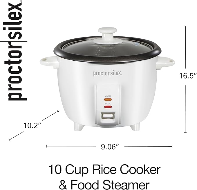 Proctor Silex Rice Cooker &amp Food Steamer 10 Cups Cooked (5 Cups Uncooked) Includes Steam and Rinsing Basket White (37533G)