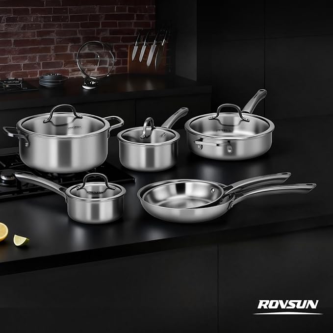 ROVSUN 10-Pcs Stainless Steel Cookware Set Tri-Ply Pots and Pans Set Non-Toxic Kitchen Set PFOA &amp PTFE Free Full Clad Frying Pans Saucepans Saute Pan &amp Stock Pot Compatible for All Cook