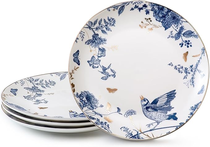 Porcelain Floral Plates 10 Inch Ceramic Salad Plates Kitchen Plates Set of 4 Blue and White Dinner Plates Pasta Plate for Appetizer DessertPartyHousewarmingGift