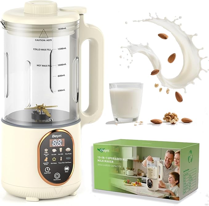 Beyn 10-in-1 Automatic Nut Milk Maker Machine 60oz Large Capacity with 𝟒𝟖 𝐓𝐢𝐭𝐚𝐧𝐢𝐮𝐦 Blades &amp Self-Cleaning. for Homemade Almond Soy Oat Milk Milkshake (Cream)