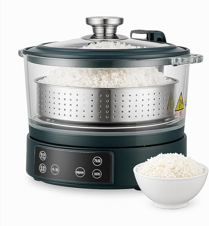 Low Carb Rice Cooker with Lifting Sugar Removal 3L Stainless Steel Low Sugar Digital Steamer Touch Control Smart Electric Cooker with Steamer Basket for Healthy MealsGreen