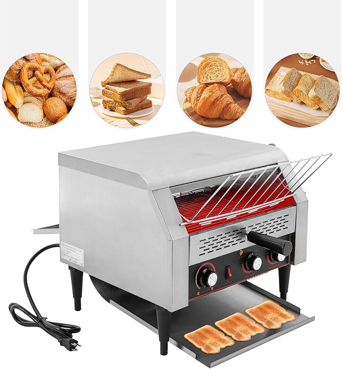 Commercial Electric Conveyor Toaster 450 Slices/Hour 2.4KW Countertop Stainless Steel Bread Toaster 7 Gears Adjustable Restaurant Toaster w/Handle&ampStorage Box for Bagel Burgers Sandwich Baked Fo