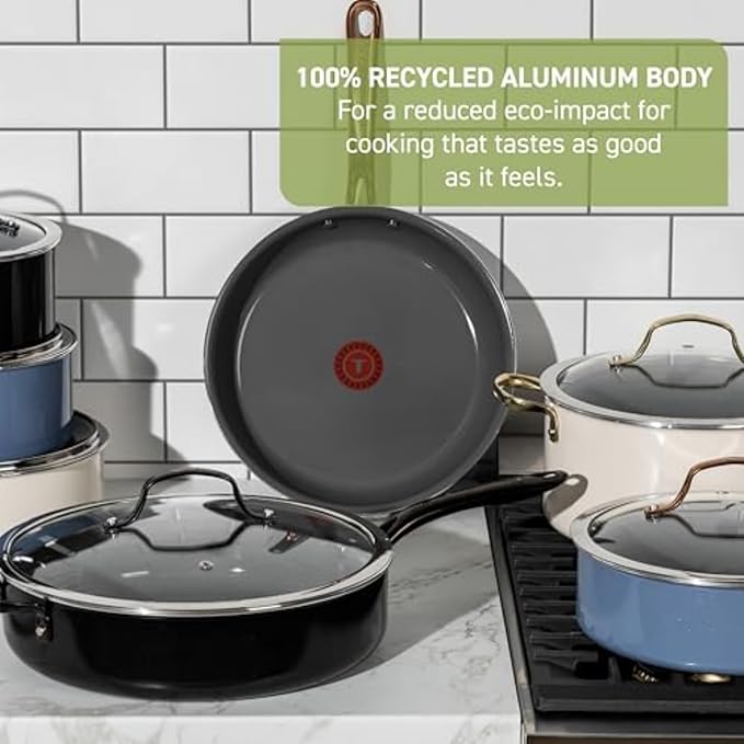 T-fal Preserve Ceramic Non stick Cookware Set 13-Piece Oven &amp Broiler Safe up to 350°F Includes Stockpot Saucepans Frying Pans Protectors Pots and Pans Beige