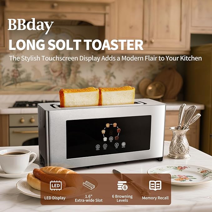 Touch Screen Toaster with LCD Display Slim Toaster 2 Slice - Long 10 Slot for Baguettes &amp Extra Wide 1.6 Slot 6 Browning Levels 1200W Space Saving