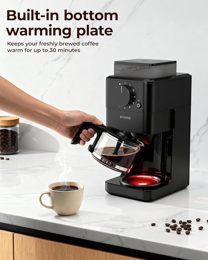 10 Cup Coffee Maker with Grinder Built in Automatic Grind and Brew Coffee Machine with Glass carafe Reusable Filter Auto shut off Warming plate for Home Offices or Large Families Black