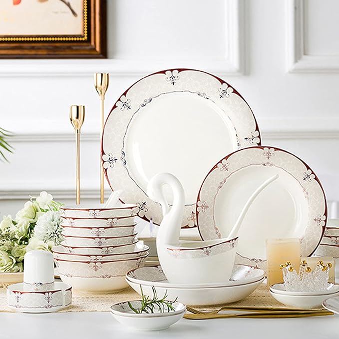 Sushi Set White Bone China and Gold Trim Cutlery Set with Dinner Plates Dessert Plates Soup Plates Saucers for Gifts Wedding Hotel 60 Piece