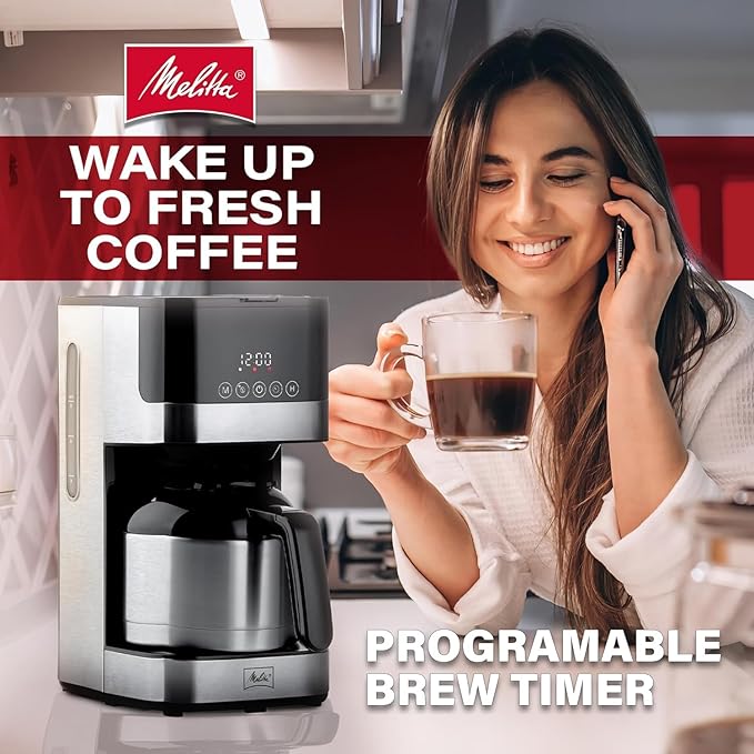 Melitta Aroma Tocco Thermal Drip Coffee Maker 8-Cup Programmable with Automatic Shut-Off Pause &amp Serve Stainless Steel Carafe with 5-Pack Coffee Filters
