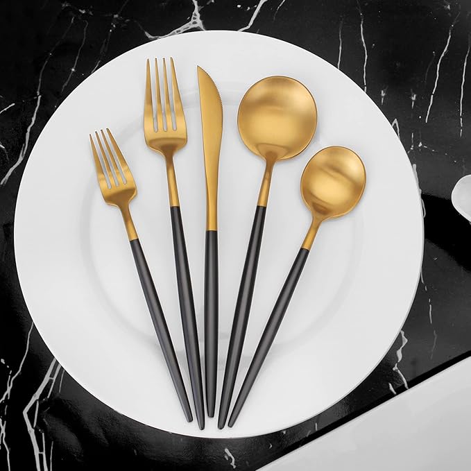 Matte Gold Silverware Set with black handle Vanys 30 Piece Stainless Steel Cutlery Flatware Set Kitchen Utensil Sets for 6 Tableware With Knife Spoons And Forks Set Satin Finished Polished