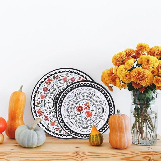 12-Piece Melamine Dinnerware Sets Unbreakable Dinner Dishes Set for Indoor and Outdoor Use Dishwasher Safe Lightweight Dinner Service for 4 Black and White