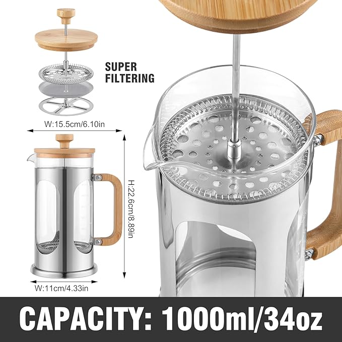 Sivaphe No-Plastic French Press Coffee Maker 34 oz Borosilicate Glass Bamboo Lid and Handle Coffee Tea Press 8 cup 1000ml Coffee Milk Forther with Stainless Steel Holder and Resuable Filters