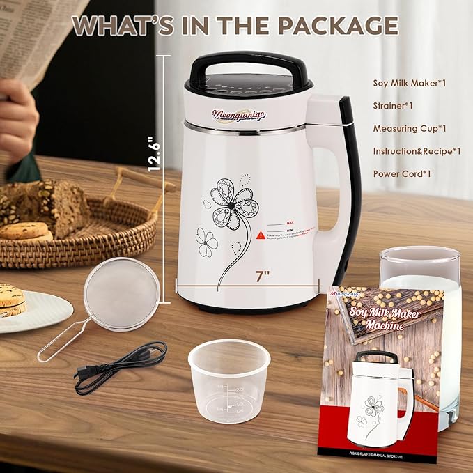 Moongiantgo Automatic Soy Milk Maker 37.2oz 1100ml 8 in 1 Nut Milk Maker with Self-Cleaning/Boil Water/Recipe Homemade Almond Milk Machine Plant Based Milk Juice Beverages Maker 110V
