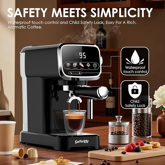 Slim Design 20 Bar Espresso Machine with Milk FrotherSecure Child Lock Digital Temperature Display &amp 43oz Removable Tank Compact Home Coffee MakerBlack