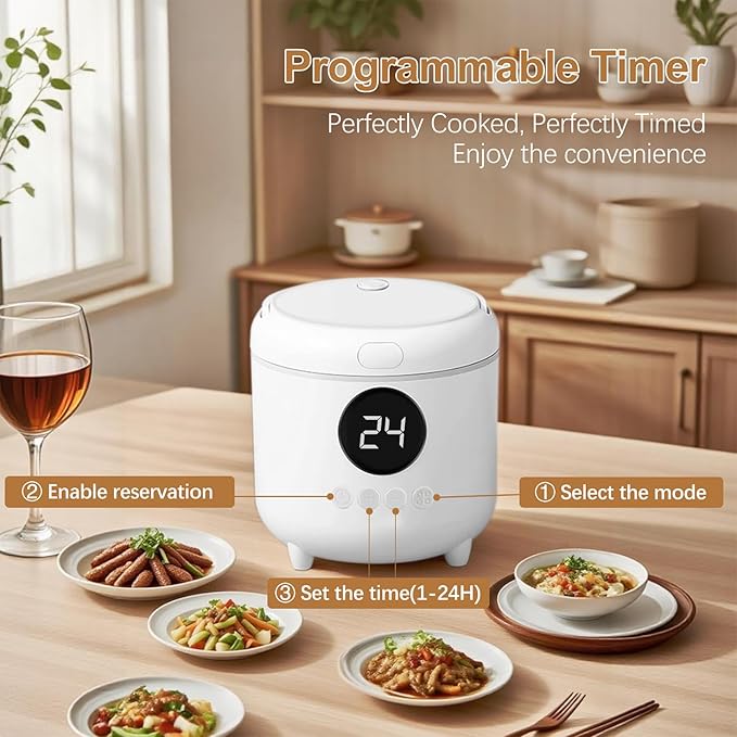 Mini Rice Cooker 2-Cup Uncooked / 4-Cup Cooked 1.7Qt Portable Small Rice Maker with Auto Keep Warm &amp 24H Timer Delay for Oatmeal Quinoa Soup Non-Stick Inner Pot Easy to Clean