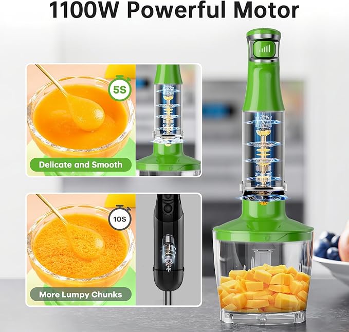 Immersion Blender Handheld Corded Hand Blenders Set 1100W Trigger Variable Speed 5 in 1 Stick Emulsifier with Chopper Whisk and Frother for Soup Baby Food and Smoothies Apple Green