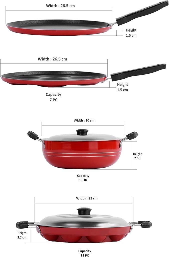 Sumeet 2.6mm Thick Non-Stick Shona Cookware set (Dosa Tawa – 26.5cm Dia + Multi snack maker – 26.5cm Dia + Kadhai With Lid – 1.5Ltr capacity- 20cm Dia + Grill Appam Patra With Lid – 23cm Dia)