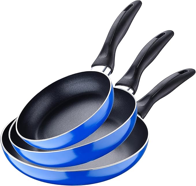 Set 3pc Frying Pan (16+20+24cm) Pressed Aluminium Induction Navy Blue Paradise with Set 3pc Kitchen Utensils Nylon with Set 4pc Stainless Steel Knives