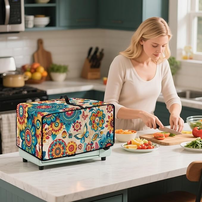 Boho Mandala Print Toaster Oven Cover Wide Slot Butterfly Print Bread Machine Cover with Side Pockets for Kitchen Counter Decorative 18.5 x 14.5 x 9 Green and Orange