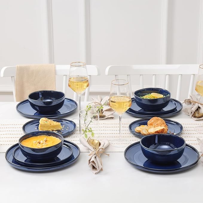 Vicrays 24-Piece Ceramic Dinnerware Set for 6 Ceramic Dinner Plates Salad Plates Bowls Set Coffee Mug Dishwasher Safe Not Microwave or Oven Safe Scratch Resistant Party - Blue