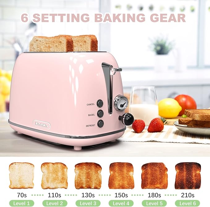 Toaster 2 sliceRetro Stainless Steel Toaster with 6 Settings 1.5 In Extra Wide Slots Bagel/Defrost/Cancel Function Removable Crumb Tray (Baby pink)