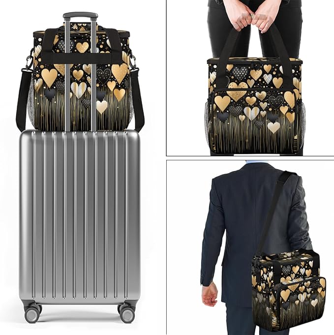 Gold Black Heart Coffee Maker Carrying Bag Portable Travel Storage Tote Bag Compatible with K-Mini or K-Mini Plus Single Serve Coffee Brewer Carrying Case with Multiple Pockets &amp Shoulder Strap