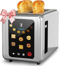 WHALL Full Touch Screen Toaster 2 Slice 1.5'' Wide Slot Stainless Steel Toaster with Digital Timer 6 Bread Types &amp 6 Shade Settings Crumb Tray Reheat/Defrost Smart Toasters for Bagels Silver