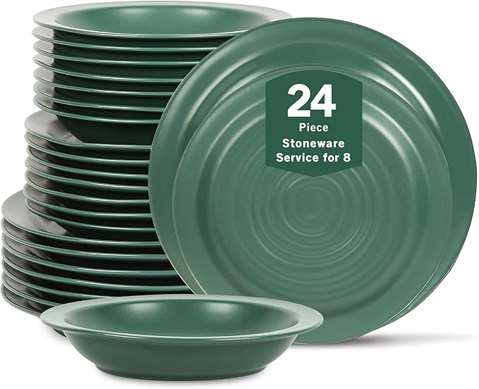 Stone Lain Orbit 24-Piece Dinnerware Set Stoneware Plates and Bowls Set Pasta Bowls Microwave and Dishwasher Safe Dish Set for 8 Green