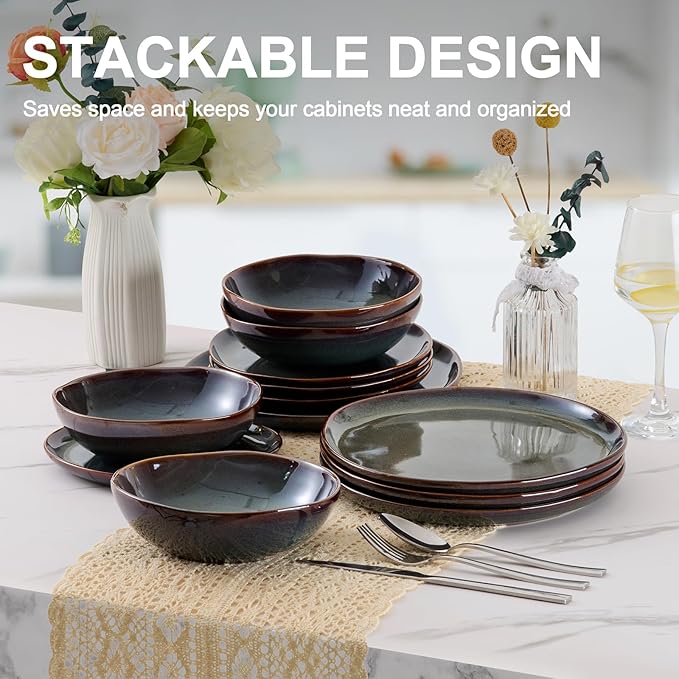 Vesteel Dinnerware Set for 4 12 Pieces Premium Stoneware Plates and Bowls Set Handmade Reactive Glaze Dishes for Home Chip &amp Scratch Resistant Microwave and Dishwasher Safe - Forest Green
