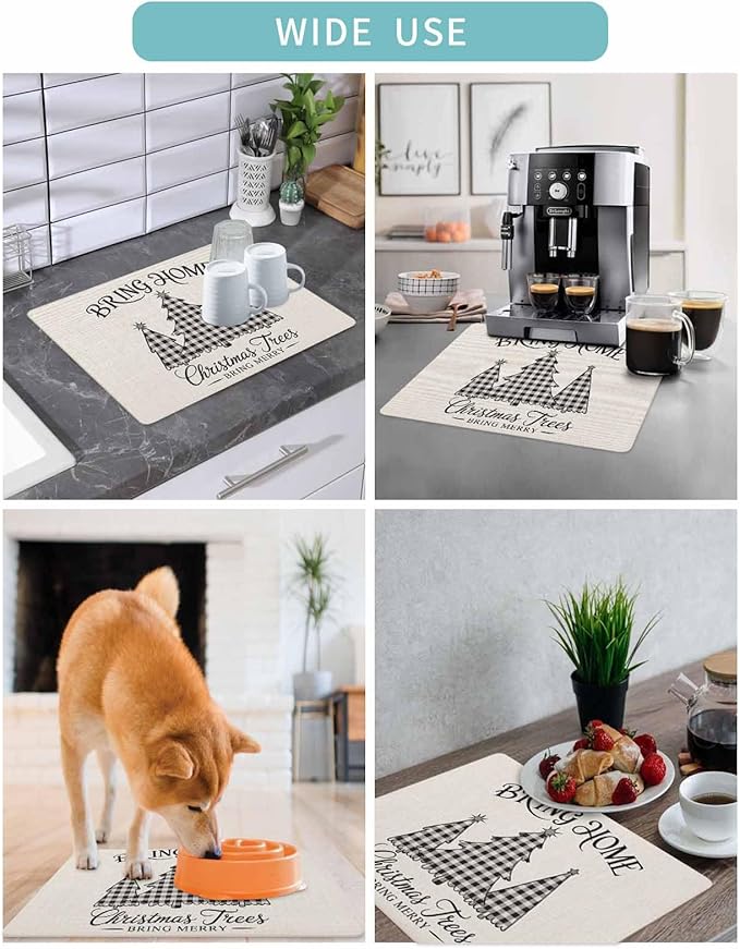 Coffee Mat for Counter Buffalo Check Plaid Christmas Tree Absorbent Hide Stain Coffee Bar Mat Non-slip Coffee Bar Accessories Kitchen Drying Mat Fit Under Coffee Maker Espresso Machine
