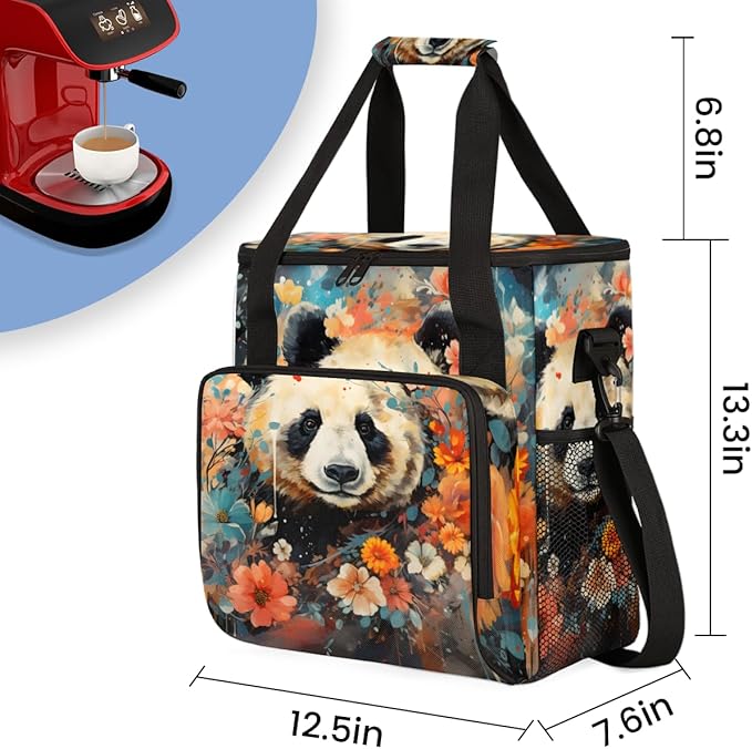 Cute Panda Coffee Maker Carrying Bag Chrysanthemum Travel Storage Bag Compatible with K-Mini or K-Mini Plus Single Serve Coffee Brewer Carrying Case with Multiple Pockets &amp Shoulder Strap