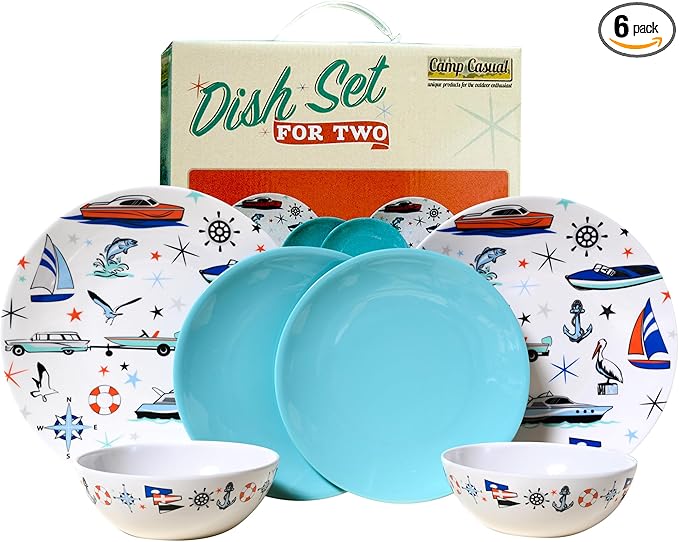 Melamine Dinnerware Sets - 6-pc Marine Dish Set - 2 Bowls 2 Salad &amp 2 Dinner Melamine Plates for Indoor &amp Outdoor - BPA Free Dishwasher Safe Shatter-Res Dinnerware Set - Camping Dishes Cam